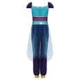 thumbnail image 4 of TiaoBug Kids Arabian Princess Jumpsuit for Girls Belly Dance Outfit Sequin Tulle Overlay Pants Romper Blue 6, 4 of 6