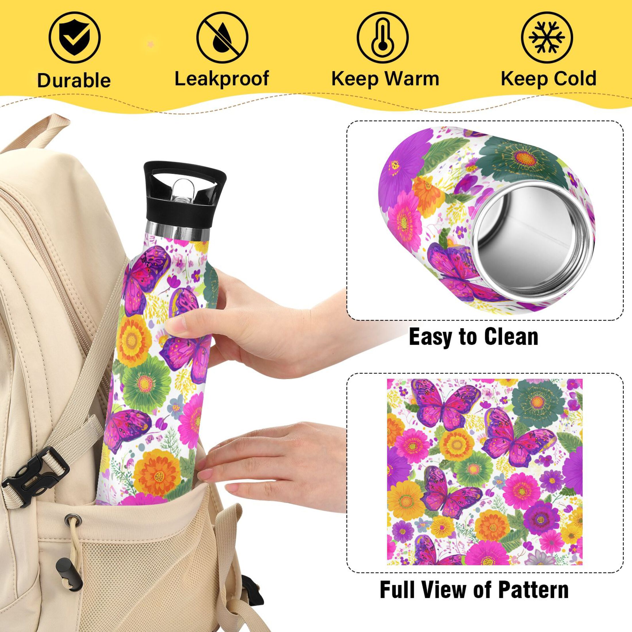 600ML Stainless Steel Insulated Cup Sports Water Bottle Portable Thermos Cup Water Glasses Insulated Tumblers Convenient and Durable Vibrant Butterflies