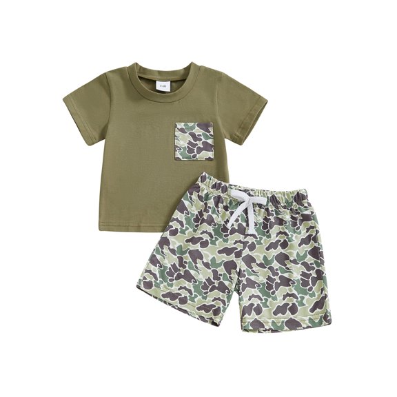 Baby Toddler Boys Shorts Clothing Set, 0 6 12 18 24 Months 2T 3T Short Sleeve Crew Neck T-shirt with Camouflage Shorts Summer Outfit