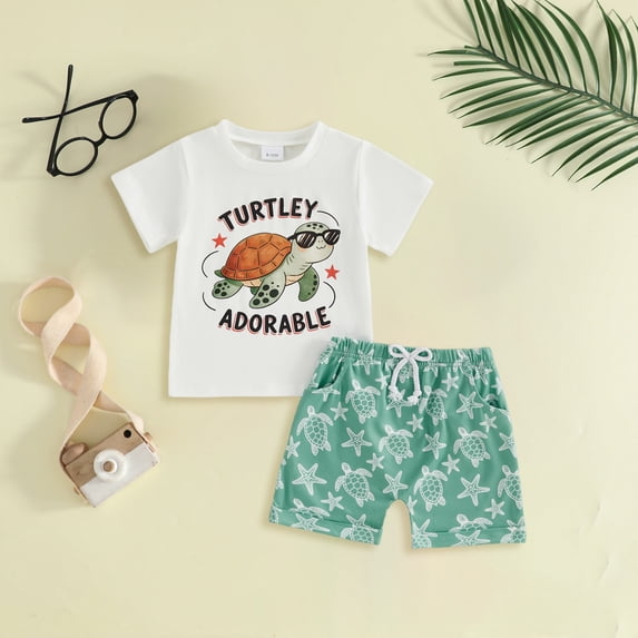 enyan Baby Boy Summer Clothes Set 0 6 12 18 24 Months 2T 3T Print Short Sleeve Crew Neck T-Shirts and Elastic Waist Shorts 2Pcs Outfits For 1t 2t 3t 4t 5t 6t (12-18 Months,White)