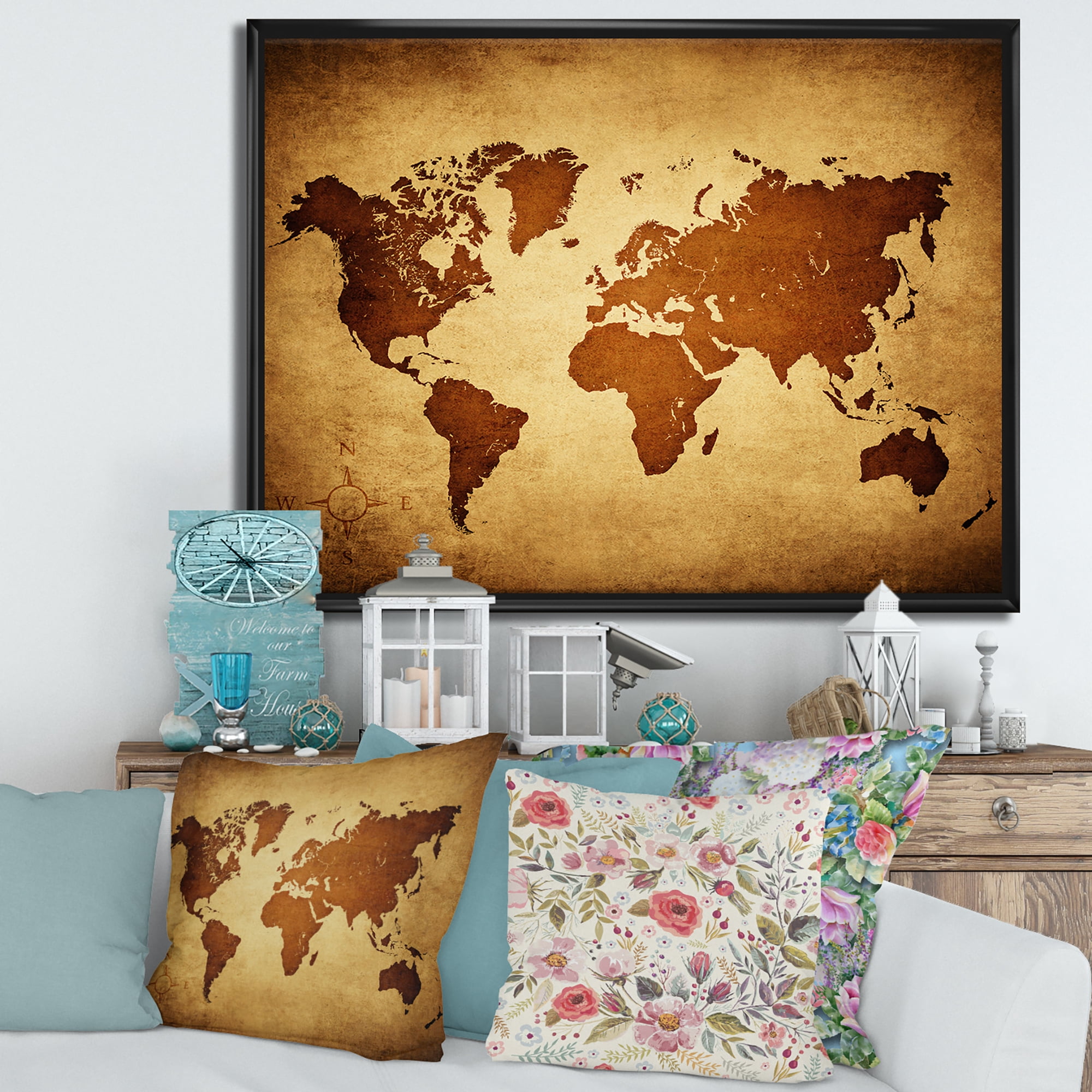 Designart 'Ancient World Map VI' Vintage Framed Canvas Wall Art Print