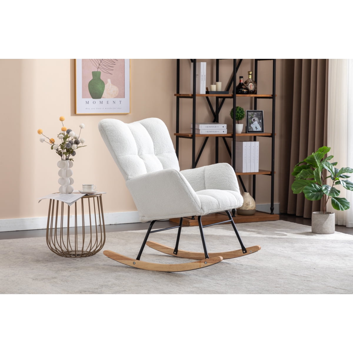 050-Teddy Fabric Rocking Glider Nursery Chair  Ivory Indoor Living Room Rocker