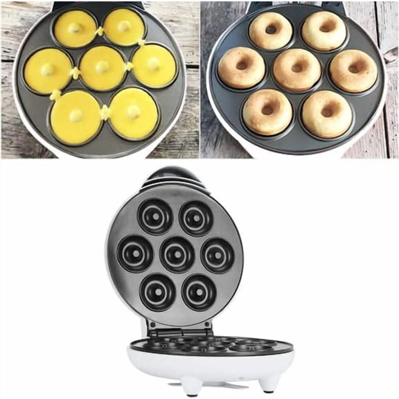 Mini Donut Maker Machine, for Breakfast Snacks Desserts with Non-stick Surface, Makes 7 Doughnuts, US Plug 110V