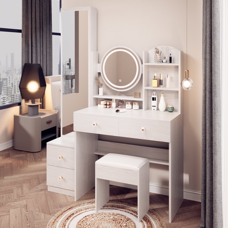 dressing table with mirror and stool white Vanity Makeup Set w/Stool 4 Drawer & Led Wood Desk with no sharp corners Baxton Studio Veronique Traditional French
