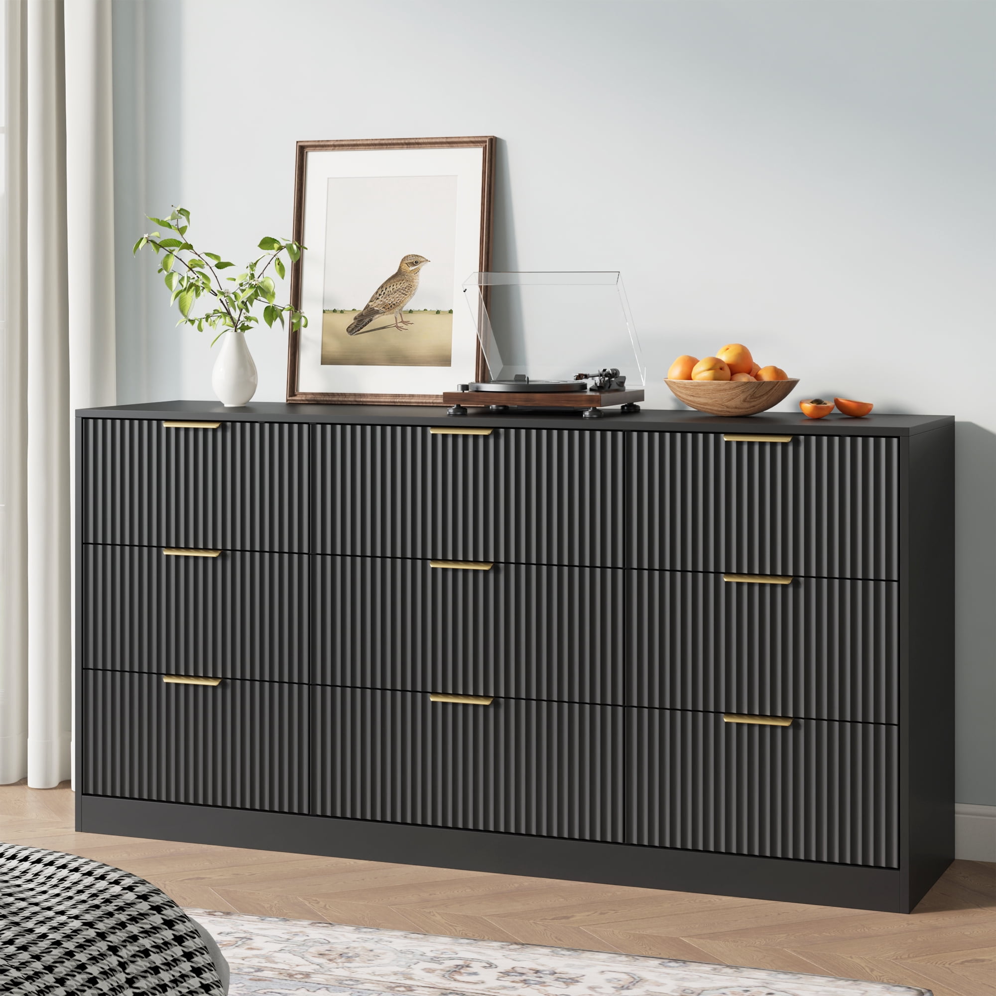 YouTrend Black 9 Drawer Dresser for Bedroom,Modern Adult Fluted Wood Chest of Drawer with Golden Embedded Handles for Living Room,Hallway
