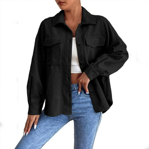 Maplenight Women's Corduroy Shackets Casual Lapel Long Sleeve Tops Button Down Fall Jackets with Pockets