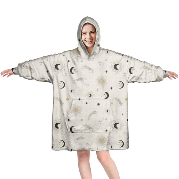 Wearable Oversized Blanket,Beige Sun Moon Star Comet Pattern Wearable Blanket Hoodie for Adults,Cozy Hooded Blankets with Super Pockets,Super Warm Fuzzy Pullover for Women & Men