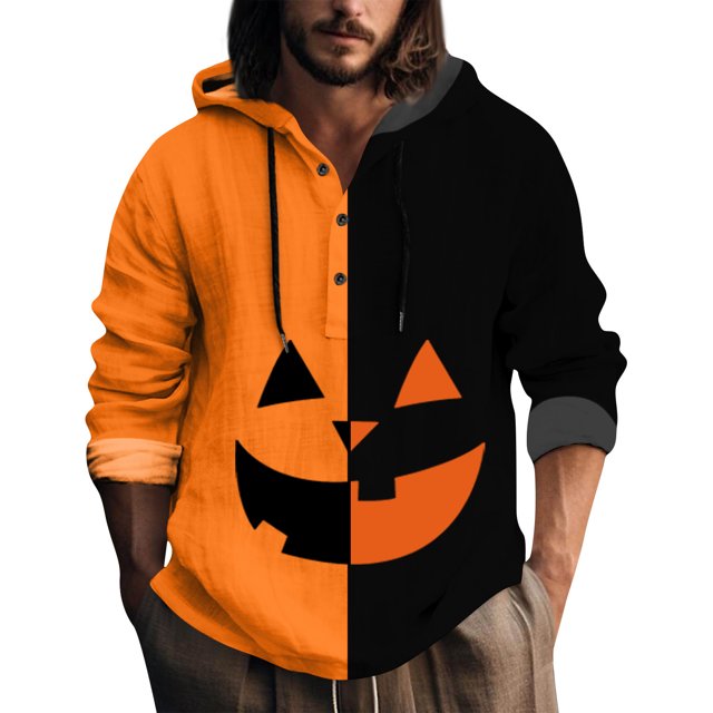 Sudadera con capucha de Halloween para hombre con diseño dividido y cara de Jack-O'-Lantern, sudadera con capucha informal de manga larga para fiestas navideñas