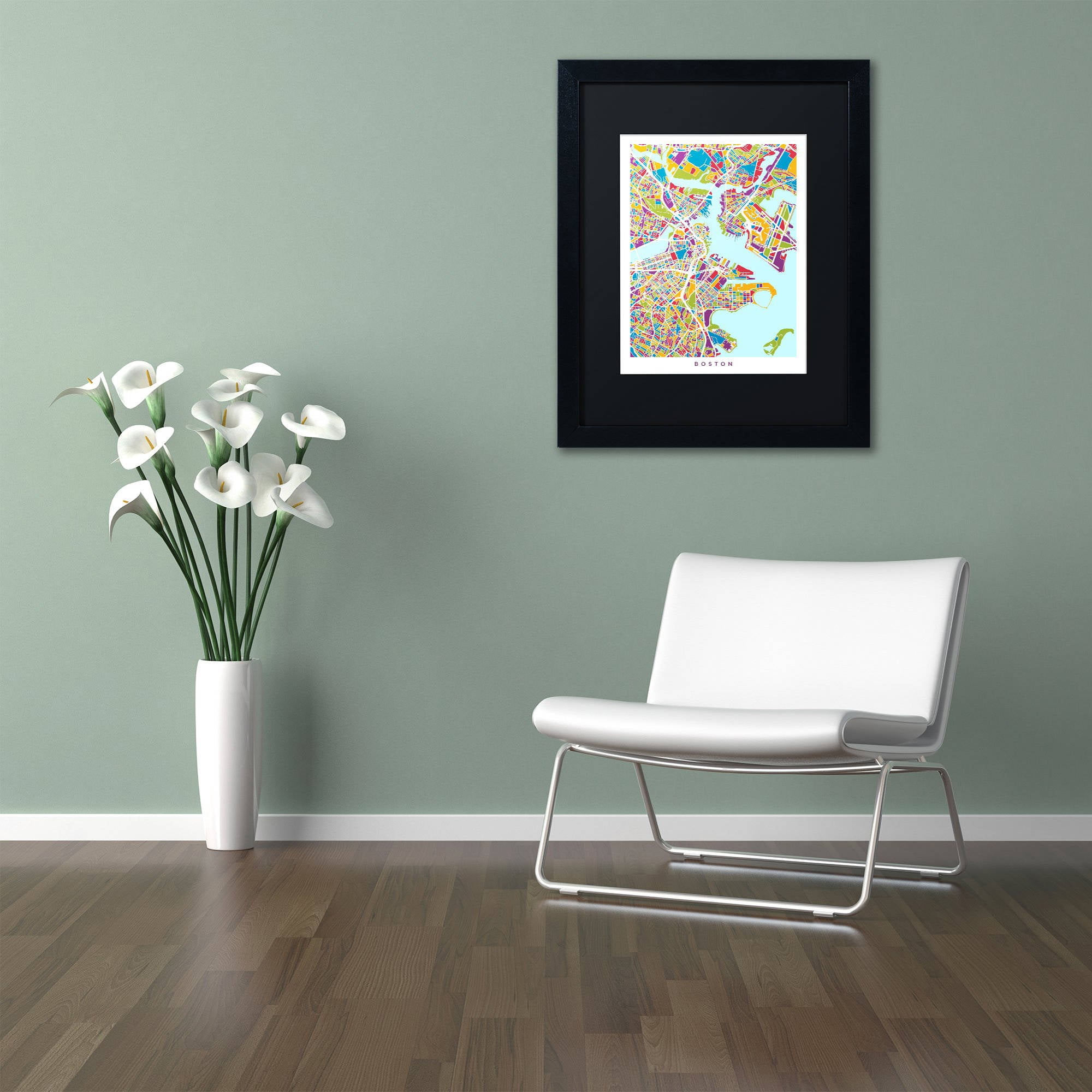 Trademark Fine Art "Boston MA Street Map 2" Canvas Art by Michael Tompsett, Black Matte, Black Frame