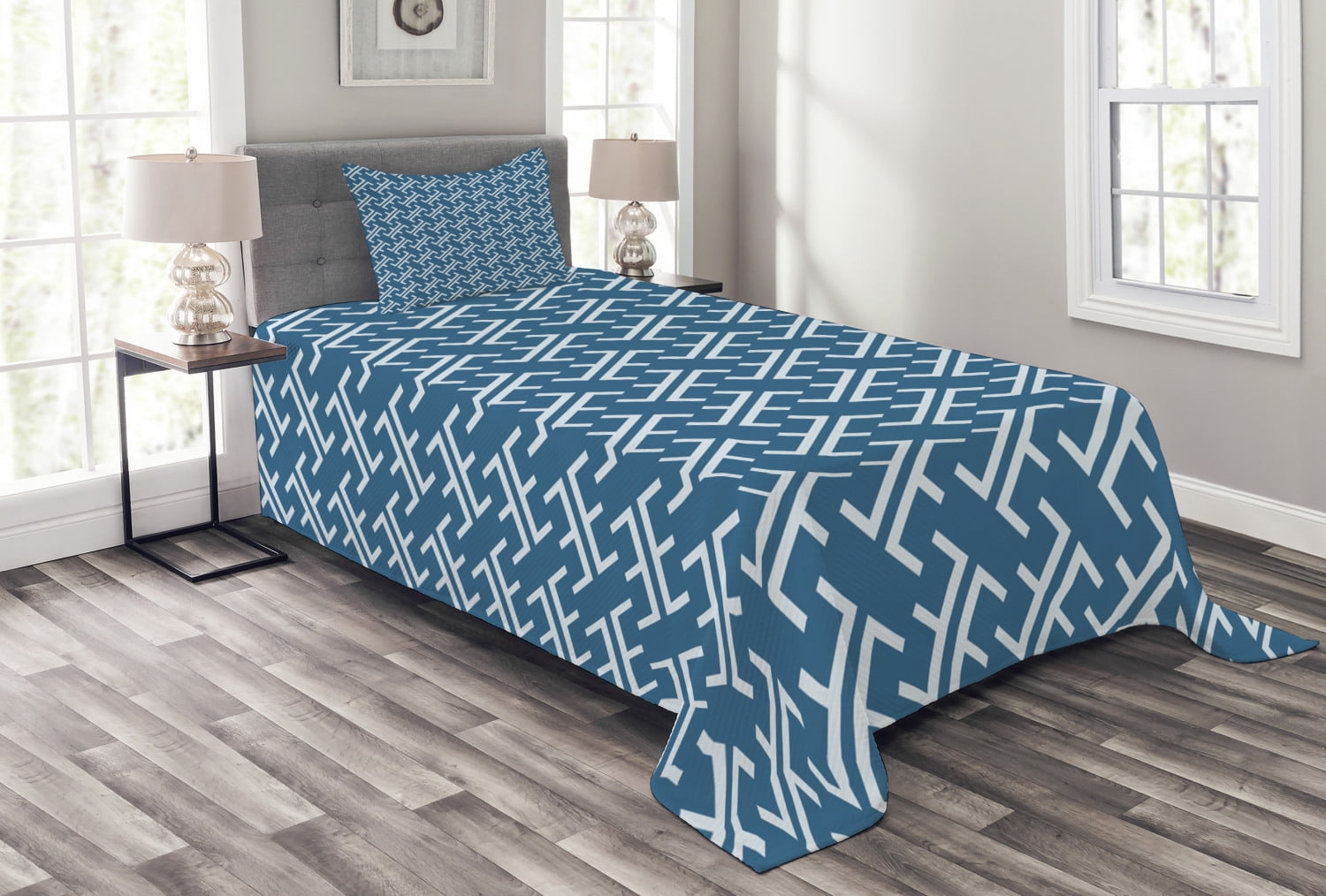 Asian Bedspread Set Twin Size, Ocean Waves Inspired Artwork in Japanese