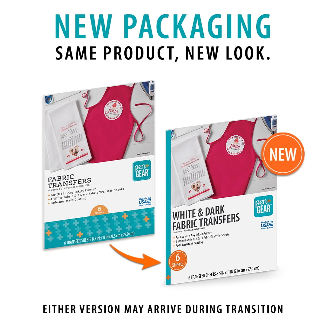 Pen+Gear White & Dark Fabric Transfer Paper, Inkjet Printable, 8.5" x 11", 6 Sheets