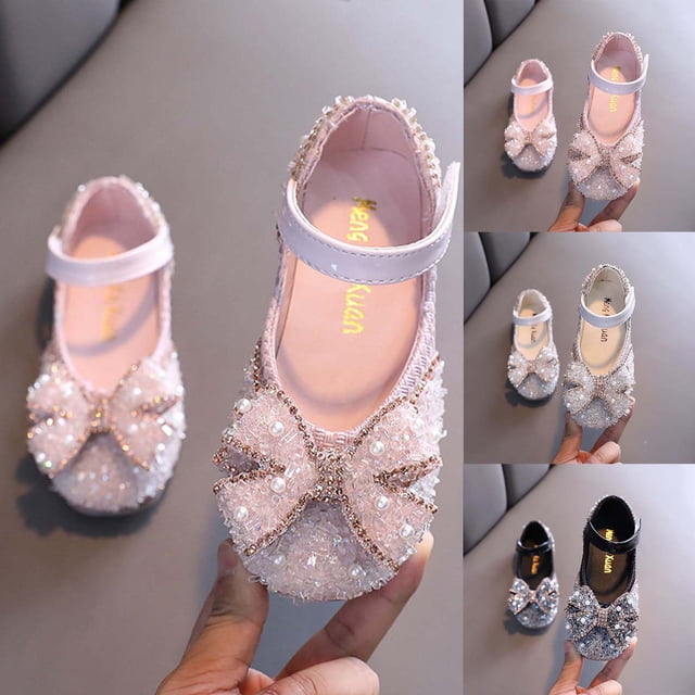 JDQJBZ Girl's Sandals Mary Jane Rhinestone Pearl Bow Sparkly Ballet Flats Princess Summer