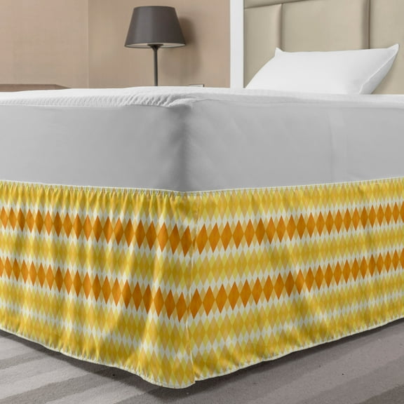 Argyle Bed Skirt, Monochrome Style Retro Pattern with Rhombuses, Elastic Bedskirt Dust Ruffle Wrap Around for Bedding Decor, 4 Sizes, Mustard Dark Peach, by Ambesonne