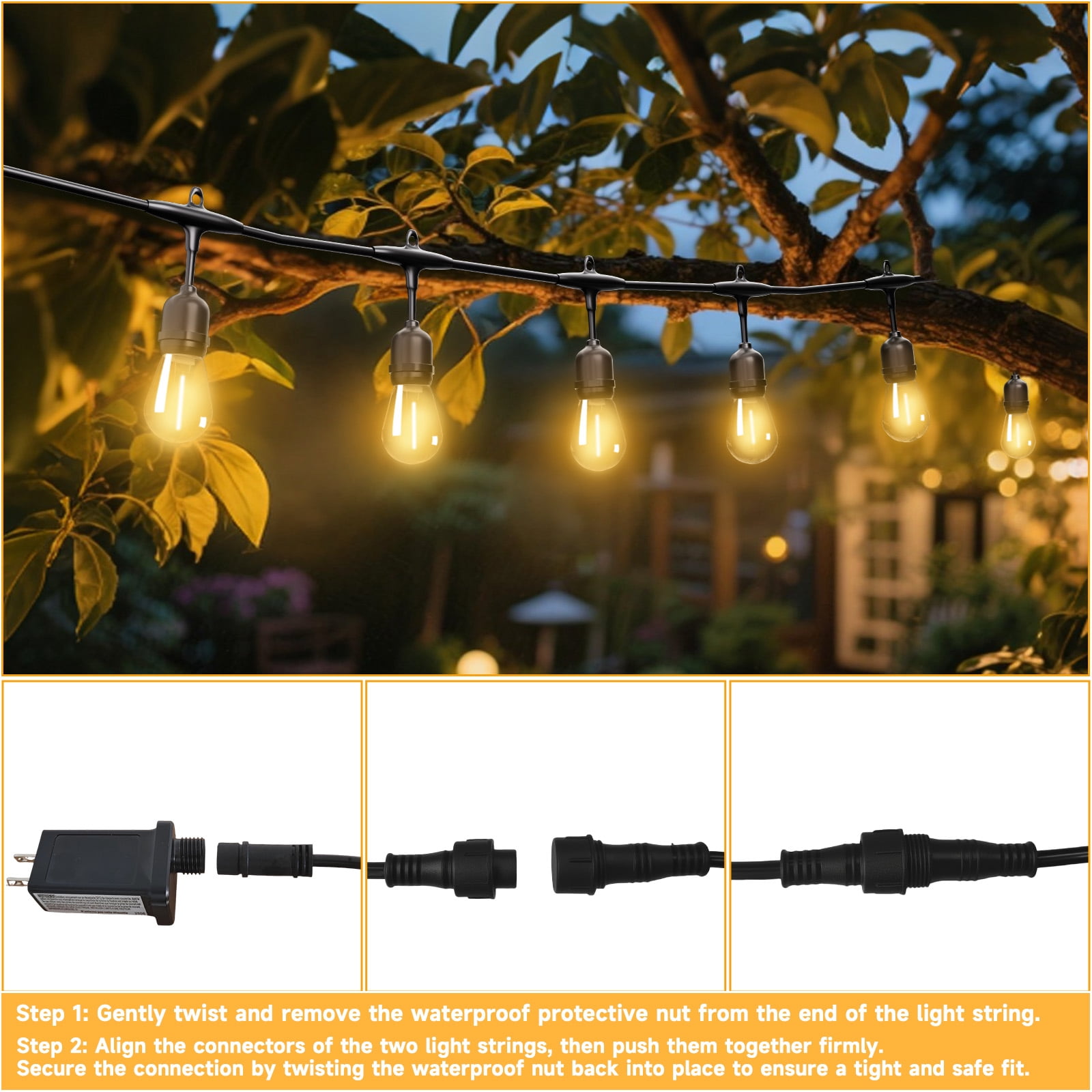 Outdoor Safety String Lights 100FT - 24V 20W Commercial Grade Low Voltage Strand with 40 S14 Shatterproof Bulbs for Tree Garden Yard | Warm Yellow 3500K Party Lights | IP65 Waterproof | UL Listed
