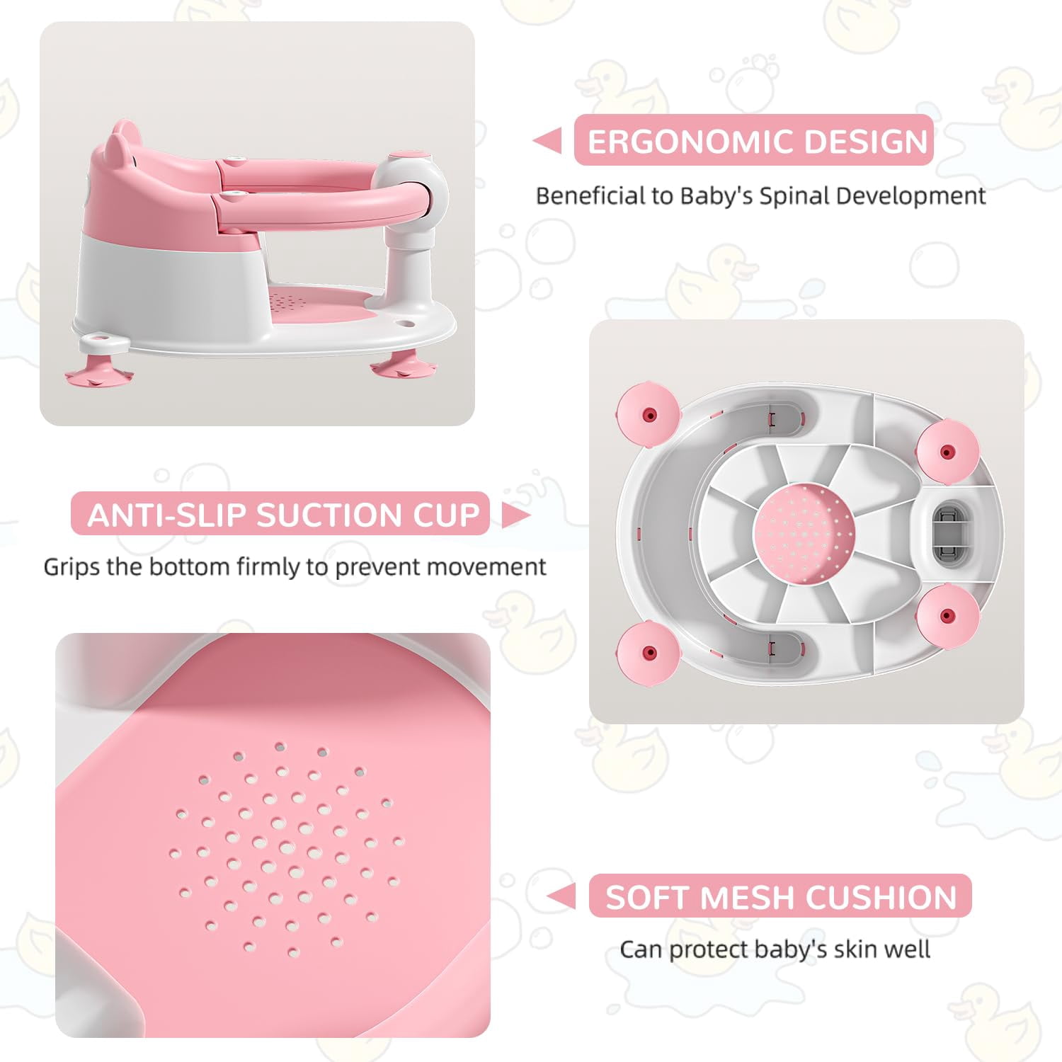 Soluxeo Baby Bath Seat for Babies 6 Months & up, Non-Slip Toddler Bath Seats for Babies Sitting Up with 4 Suction Cups & Soft Cushion for Shower(Pink)