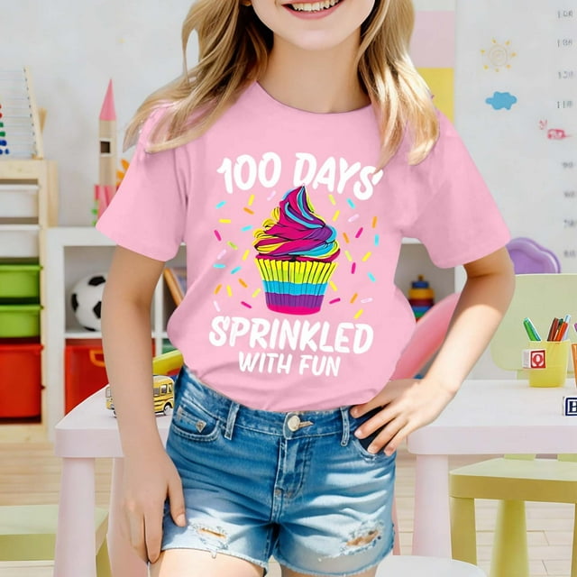 T-shirt Décontracté à Manches Courtes pour Filles, pour Enfants, avec Mignon Imprimé de Dessin Animé, Col Rond, Haut d'Été pour le Quotidien