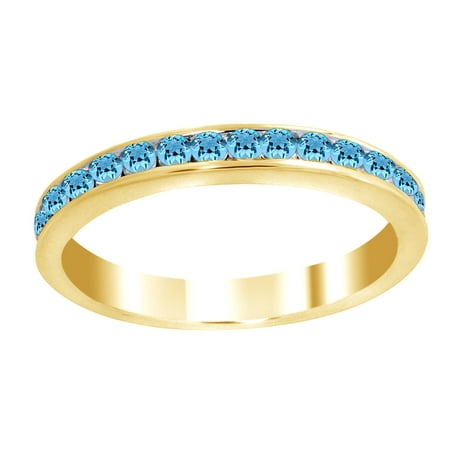 Round Cut Simulated Blue Aquamarine CZ Eternity Band Ring In 14K Yellow Gold Over Sterling Silver (0.33 Cttw) By Jewel Zone US