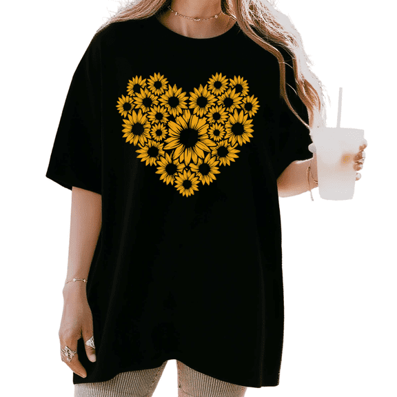 Women's funny Minimalist Sunflower Heart Wreath Floral Graphic Comfortable T Shirt Casual Short Sleeve Round Neck Top Black S-5XL