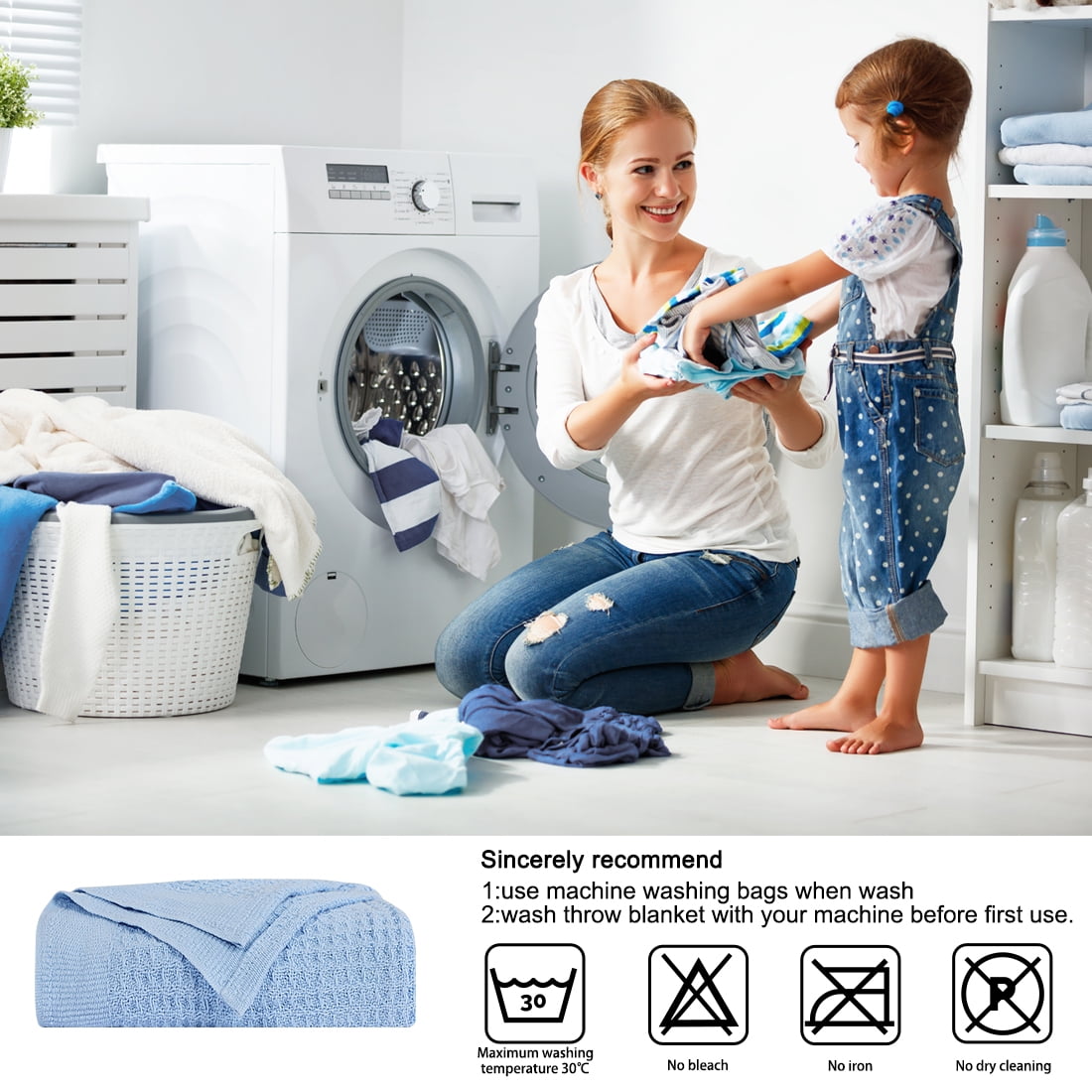 Unique Bargains Cotton Waffle Weave Bed Throw Blanket Sky Blue 90" x 90"