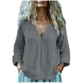 thumbnail image 4 of Endives Cotton Linen Shirts For Women V Neck Long Sleeve T Shirt Tee Casual Thin Breathable Blouses Summer Vacation Tops Grey, 4 of 7