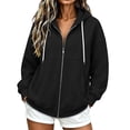 thumbnail image 2 of Drawstring Hoodies Women Zip Up Long Sleeves Hooded Oversized Sweatshirt Fleece Jackets Spring Fall Office Business Work Coats with Pockets, 2 of 9