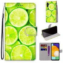 For Samsung A54 Case 5G , Mantto PU Leather Phone Case With Hand Rope Strap Cute Painted Flip Card Wallet Slots Case,Kickstand Phone Skin For Samsung Galaxy A54 5G, Green Lemon