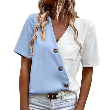 

Sayhi Women Summer Comfortable Cool V Neck Fashion Contrast Color Short Sleeve Shirt Top Graphic Scrubs