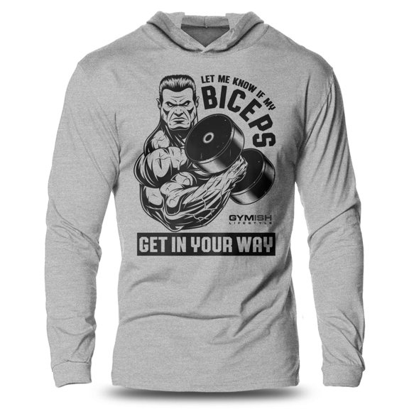 GYMISH Biceps In Your Way Lightweight Long Sleeve Hooded T-Shirt for Men – Funny Gym Hoodie Sport Grey, Small