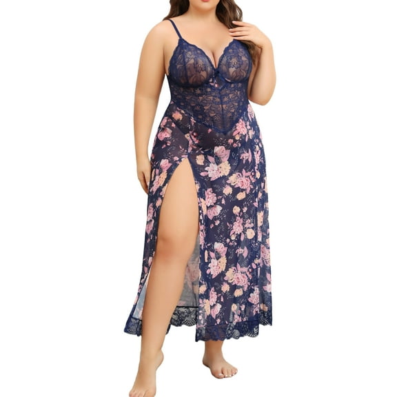 Avidlove Women Plus Size Lingerie Long Lace Nighty Sexy Mesh Nightdress Side Split Nightgown Sleepwear