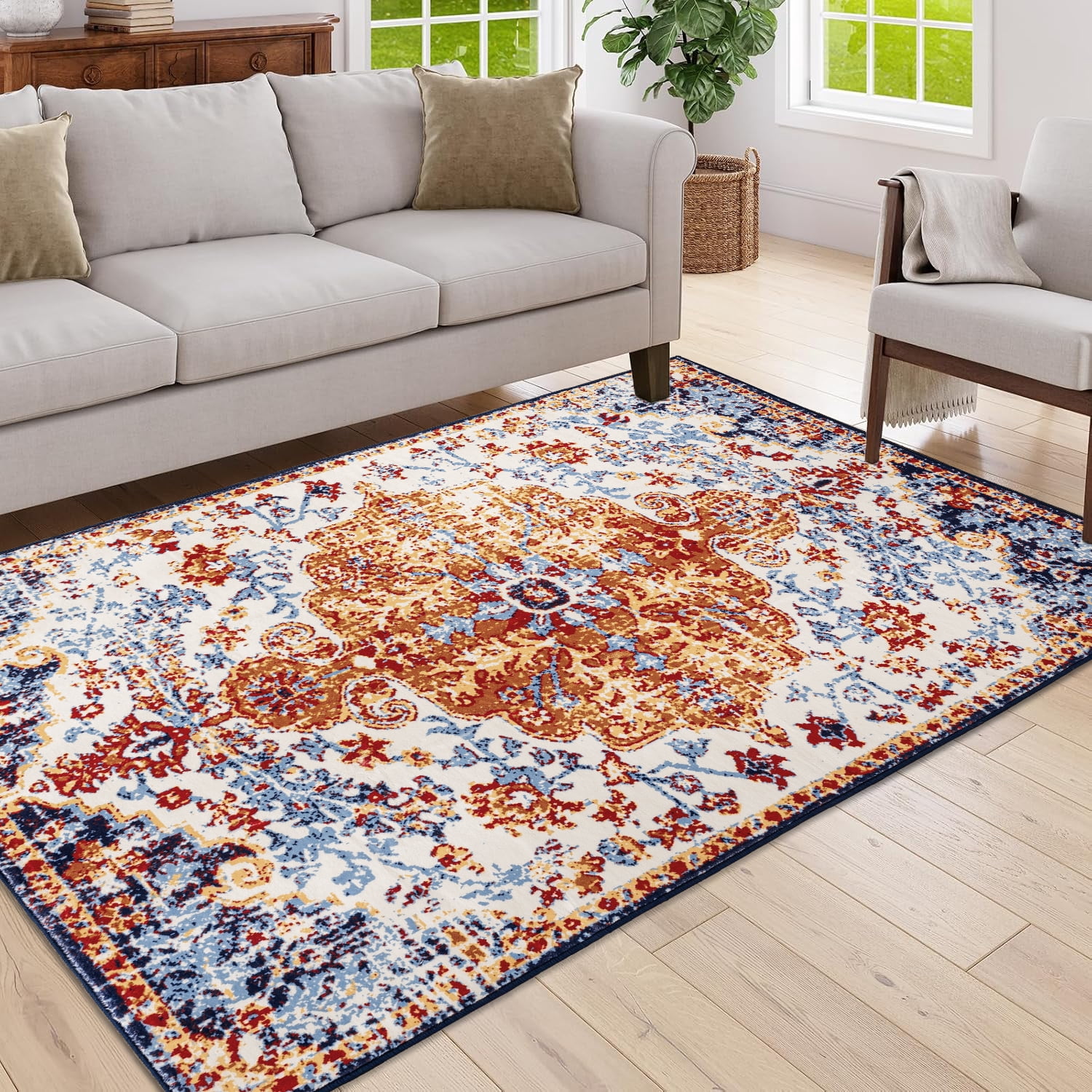 Yoneston 5' x 7' Vintage Bohemia Area Rug Machine Washable Bedroom Rug Soft Non-Slip with Printed Kitchen Mat for Living Room Playroom Dining Room Decoration, Amber