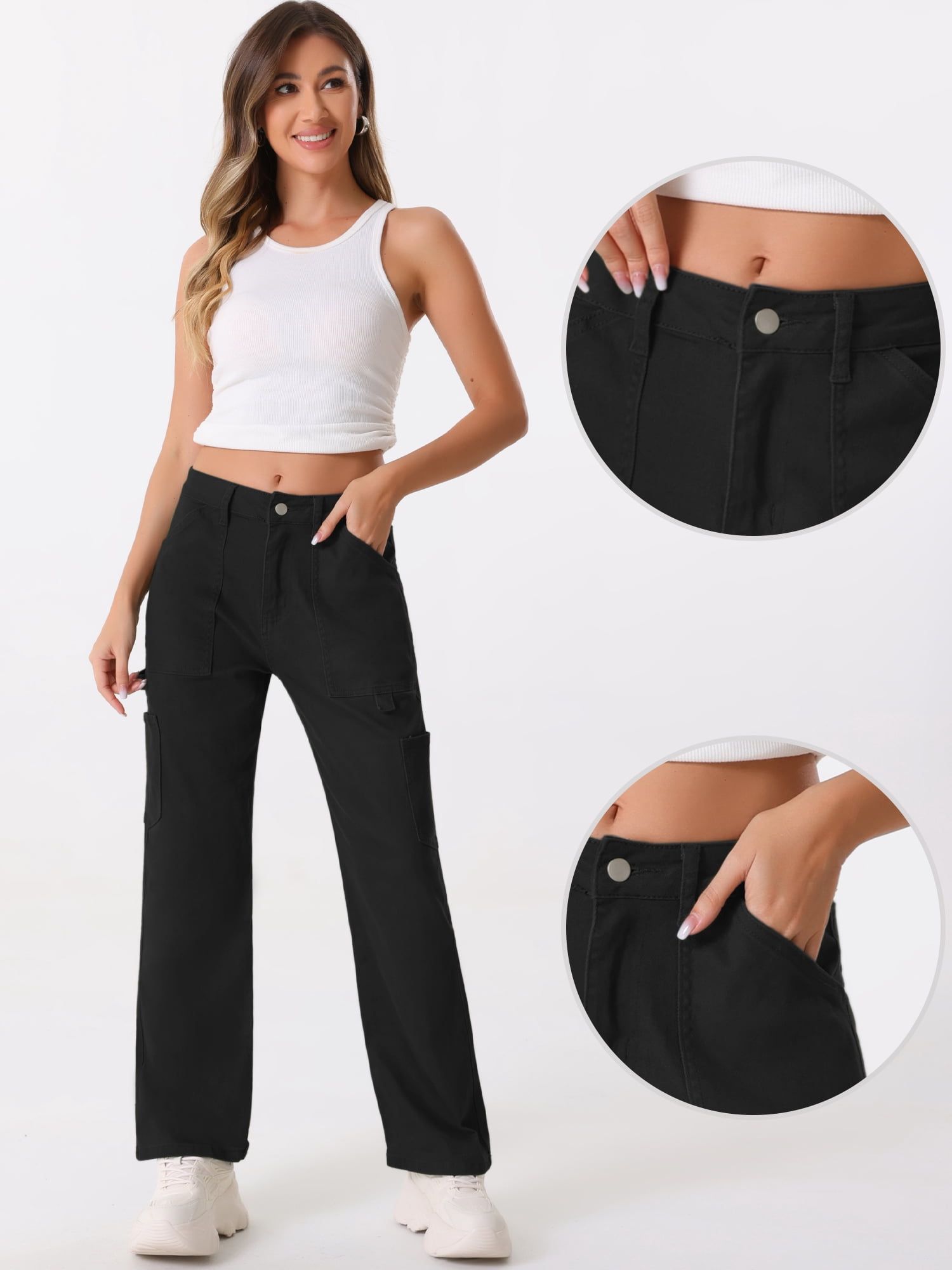 DARING DIVA Women's High Waist Baggy Y2K Street Cargo Pants with Pockets XL Black