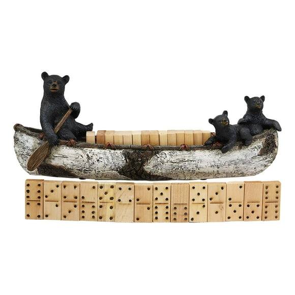 Ebros Western Rustic 3 Black Bears Family Rowing Birch Bark Canoe Boat Domino Display Figurine Holder with 28 Wooden Dominoes Set 15" Long Bear Decorative Figurine for Cabin Lodge Cou