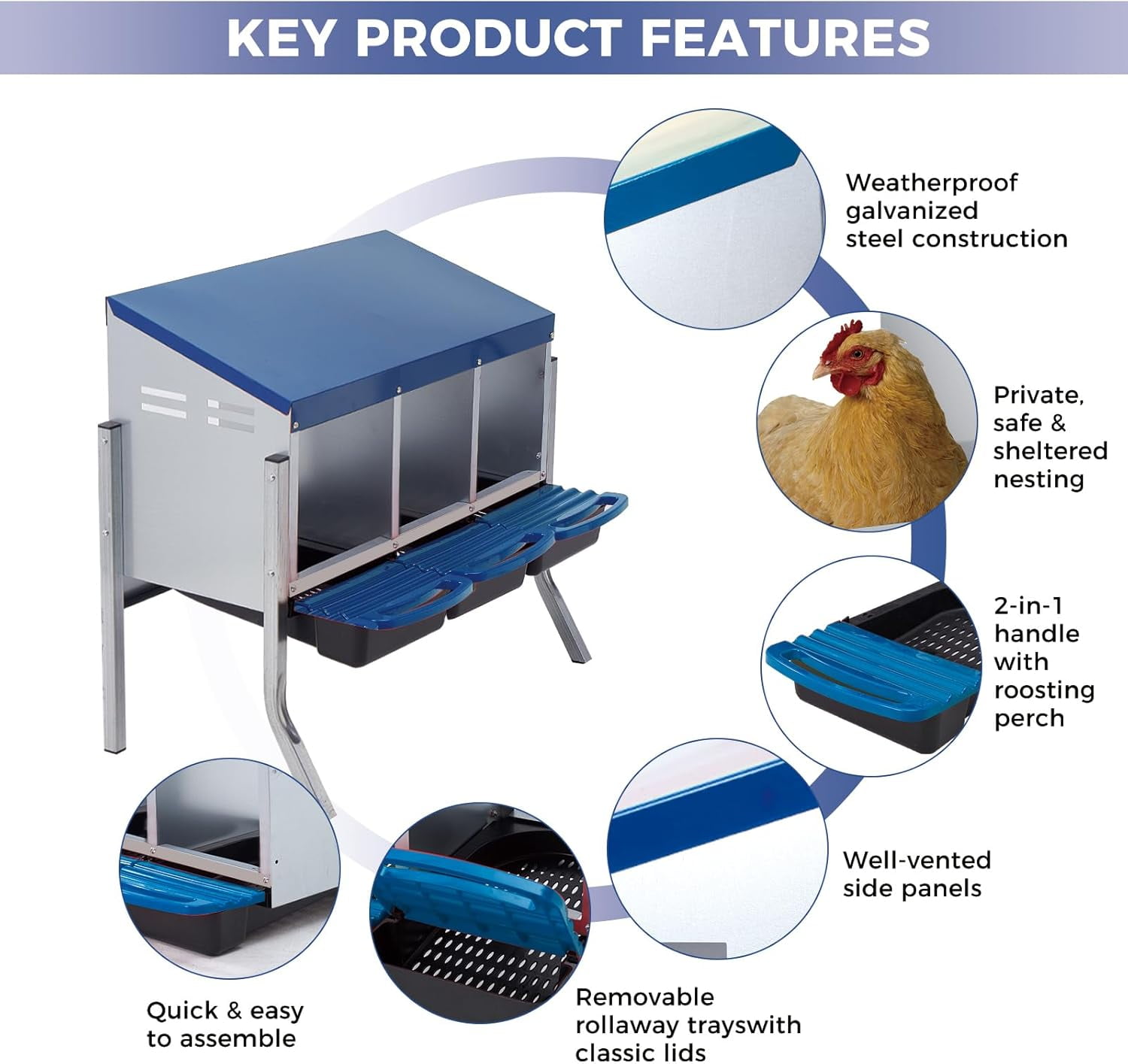 Sunvasagoo Zinc Alloy Chicken Nesting Box, 3/4 Hole Roll Away Egg Laying Box w/ Removable Tray, Wall Mount or Freestanding