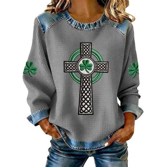 Telankuip Women's St. Patrick's Day Long Sleeve Sweatshirts Irish Holiday Fortunate Grass and Cross Print Casual Tops Trendy Denim Patchwork Vintage Crewneck Pullover 17-Grey XL