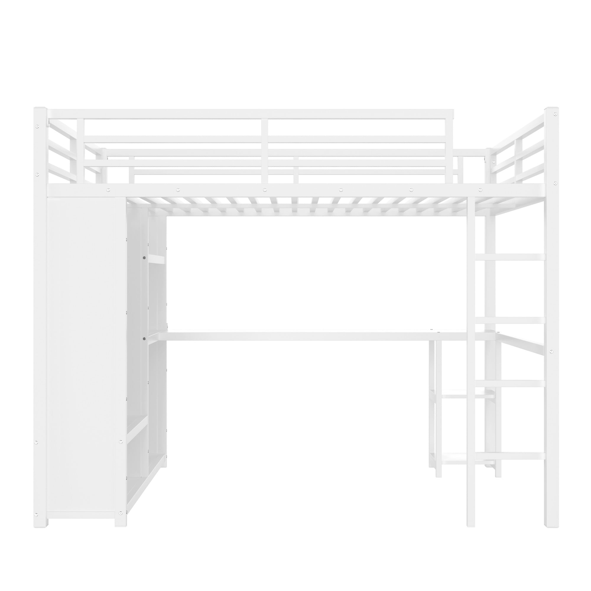 Aukfa Queen Size Heavy Duty Metal Loft Bed with Desk, Wardrobe & 5 Storage Shelves, Space-Saving Design for Kids, Teens, Adults, White
