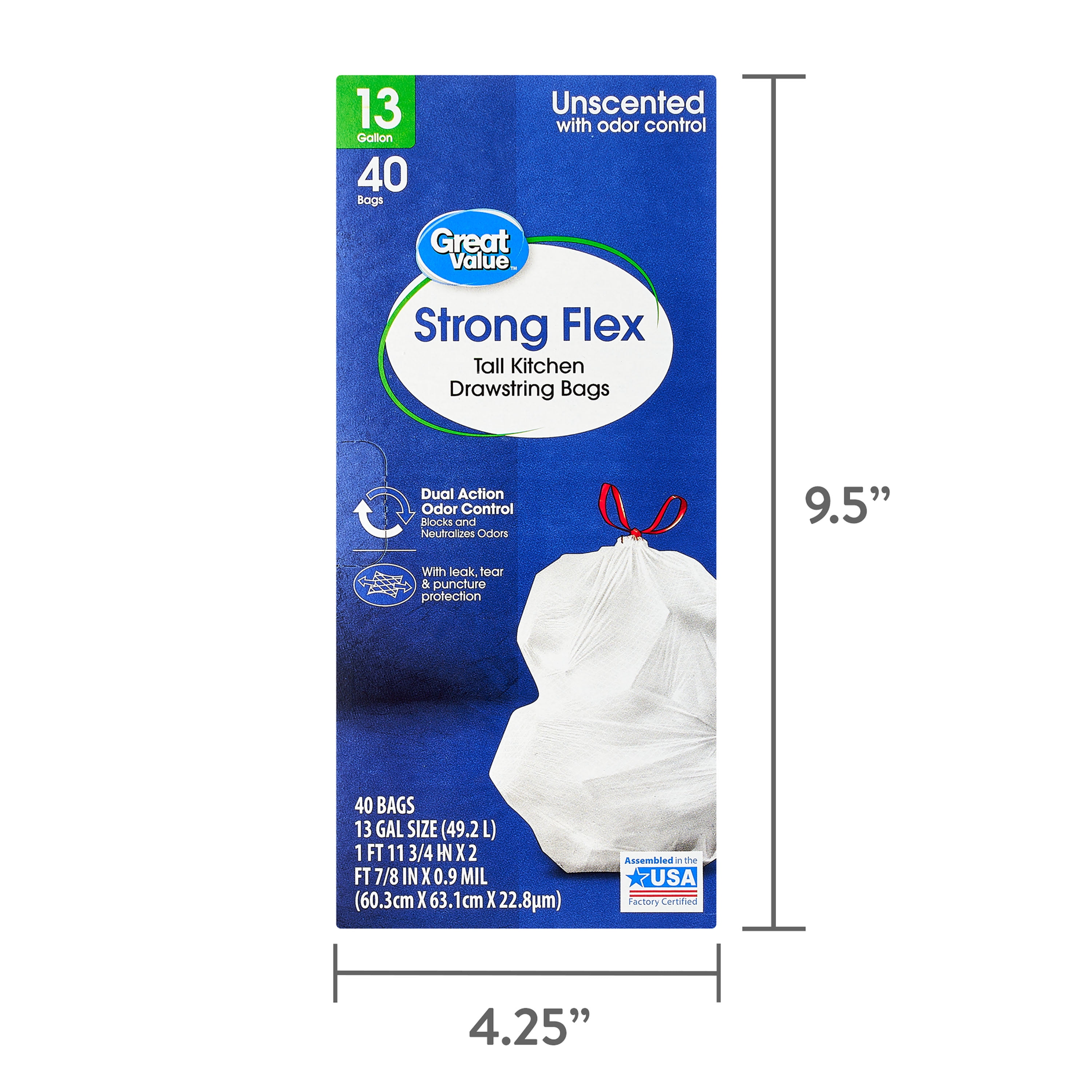 Great Value Strong Flex Tall Kitchen Drawstring Bags, 13 Gallon, Unscented, 40 Count