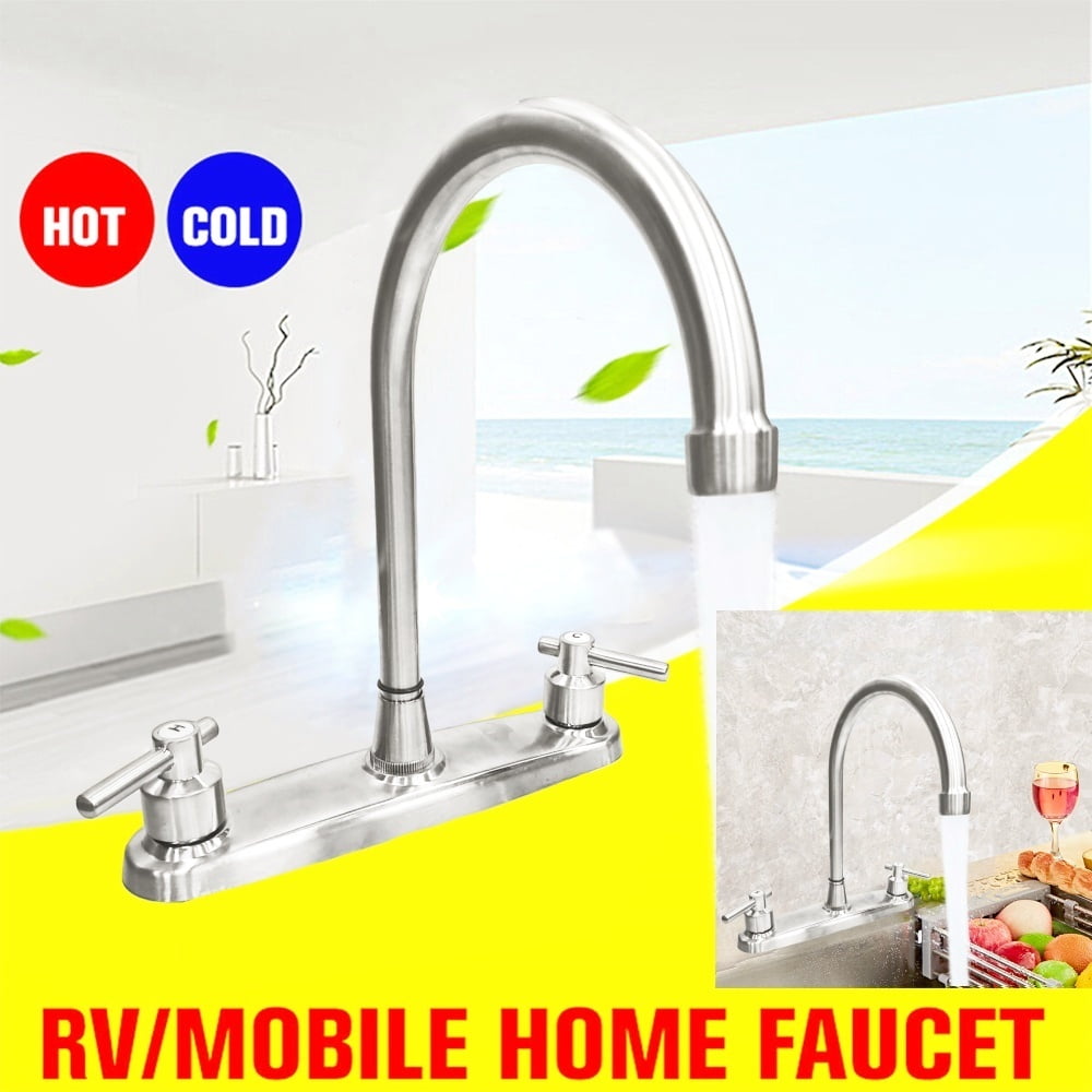 Kitchen Sink Faucet 2 Handle 8 Inch Centerset High Arc 360° Swivel Hot & Cold Faucet for Rv Camper Laundry Utility Bar Sinks Metallic RV Kitchen Faucet (Fit for 8 inch 2 or 3 Holes), Brushed Nickel