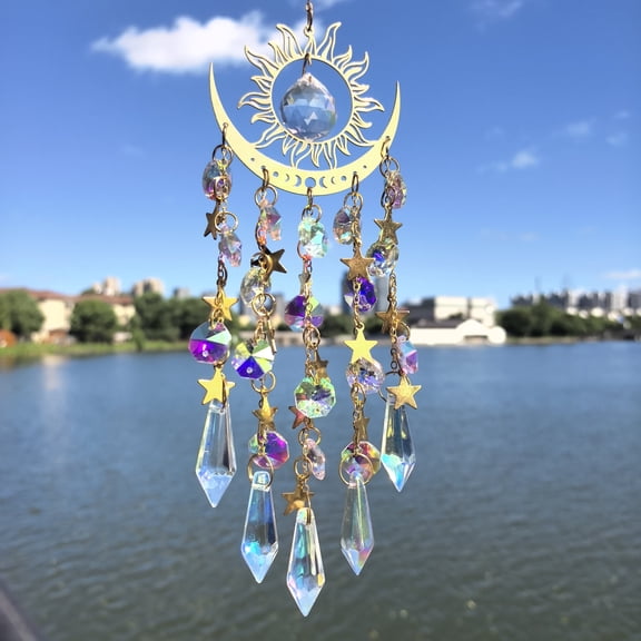 Beautiful Sun&Moon Golden Artificial Crystal Suncatcher Prism, Handmade Rainbow Maker, Indoor Outdoor Home Decor for Window Bedroom Courtyard Garden, Blessing Gift for Family and Friends