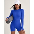 thumbnail image 5 of Women Workout Sets 2 Pieces Long Sleeve Yoga Outfits Gym Clothes Seamless Ribbed Crop Top High Waist Leggings Blue S, 5 of 6