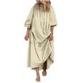 thumbnail image 1 of AherBiu Robe Longue à Manches 3/4 pour Femmes, Col Rond Smocké, Droite, Ample, Décontractée, 1 of 6