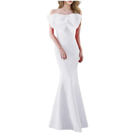 Women's Off Shoulder Party Dress Bow Formal Maxi Gown Dress for Evening White M