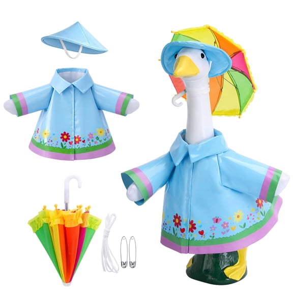 3 Pcs/Set Raincoat Porch Goose Outfits - Blue Summer Lawn Goose Raincoat Costume with Umbrella Hat for 23" Statue Patio Decor