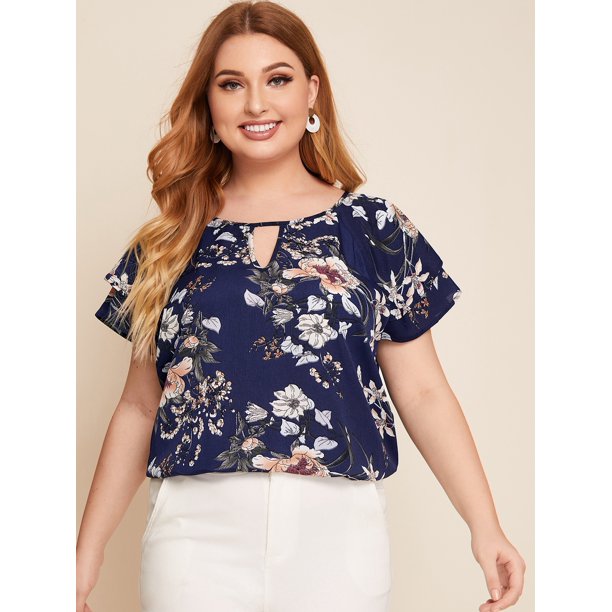 Download Olrik Clothing Women S Plus Size Keyhole Neck Layered Butterfly Sleeve Floral Top Walmart Com Walmart Com