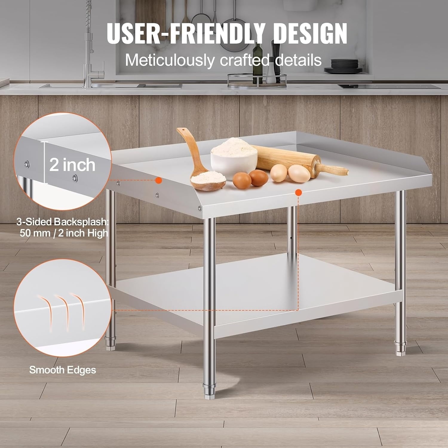 Stainless Steel Work Table, 30 x 36 x 26 Inch Commercial Food Prep Worktable, 3-Sided Backsplash Heavy Duty Prep Worktable, Metal Work Table with Adjustable Height for Restaurant Home Hotel