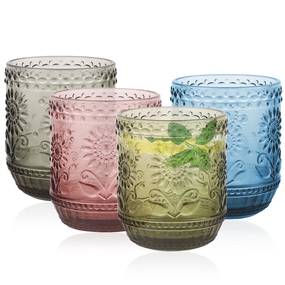 4Pcs Vintage Drinking Glasses ,12 oz Embossed Floral Drinkware Set,Drinking Glasses Cups Wine Glasses Glassware for Whisky,Beer,Juice,Cocktail,Heavy Duty