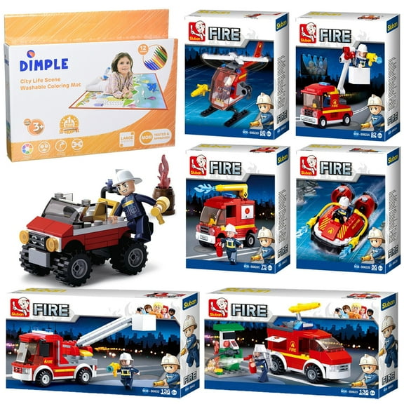 SlubanKids Fire Truck Fire w/ Gas Station Building Blocks Set 653 Pcs and Dimple Small Washable Coloring Play Mat w/ 12