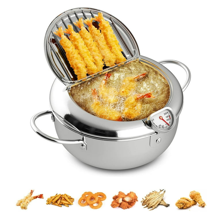 YasTant Japanese Deep Fryer Pot, 304 Stainless Steel Tempura Deep Frying  with Thermometer Basket and Lid Deep Fryer Pan for Chicken French Fries  Fish and Shrimp Oil Frying Pot (L 3.4L, 24CM) 
