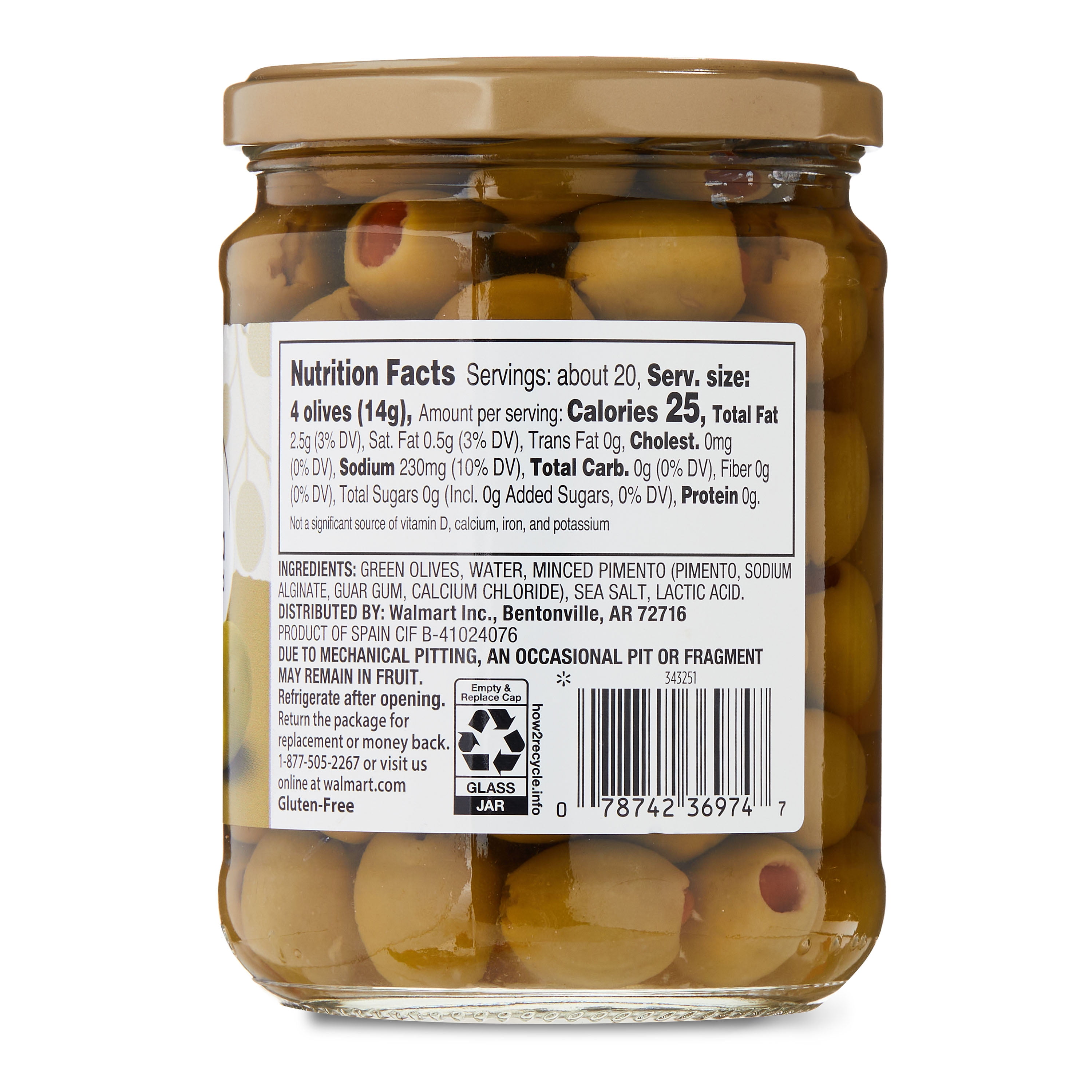 Great Value Stuffed Manzanilla Olives with Minced Pimento, 10 oz