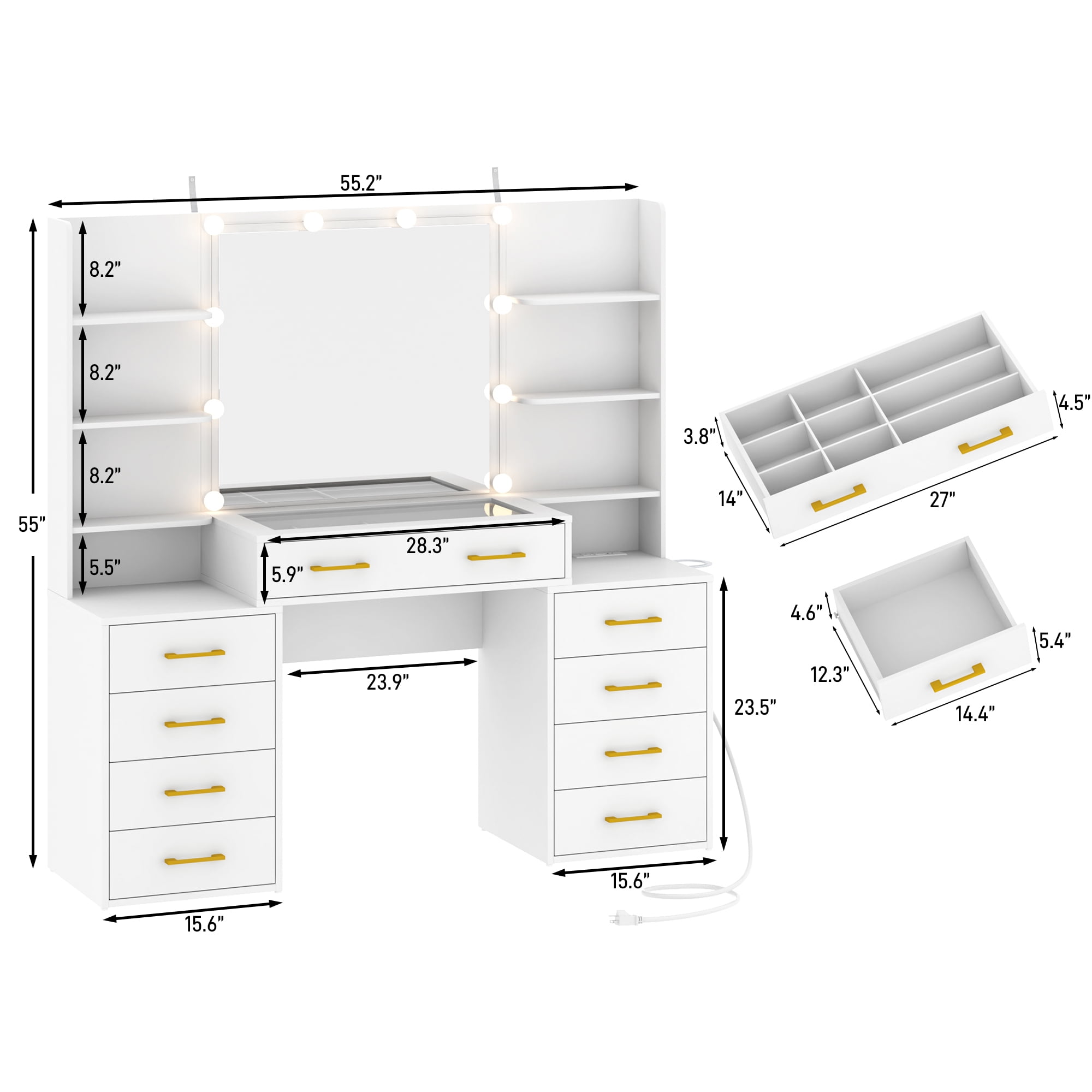 White Vanity Desk with Mirror & LED Lights, Glass Top Vanity Desk with Charging Station & Compartment Storage Drawers, 55" Large Makeup Vanity Table with 9 Drawers & 6 Shelves