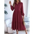 thumbnail image 4 of Women's Long Sleeve Dress 2025 Button Down V Neck A-Line Flowy Fall Outfits Ruffle Maxi Holiday Party Dresses, 4 of 9